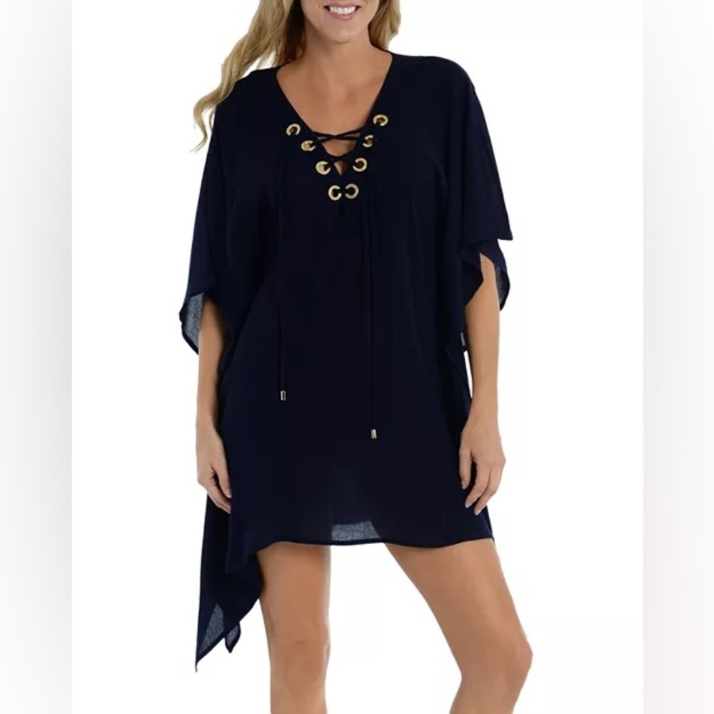 La Blanca Capri Lace Up Caftan Swim Cover Up Size Small Navy Nautical Resort NWT
